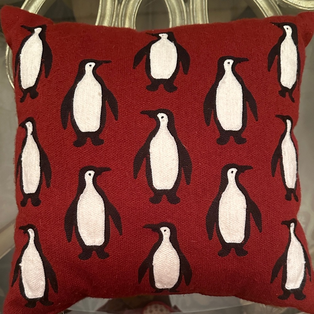 Pottery Barn Square Red Penguin Pillow 15x15
